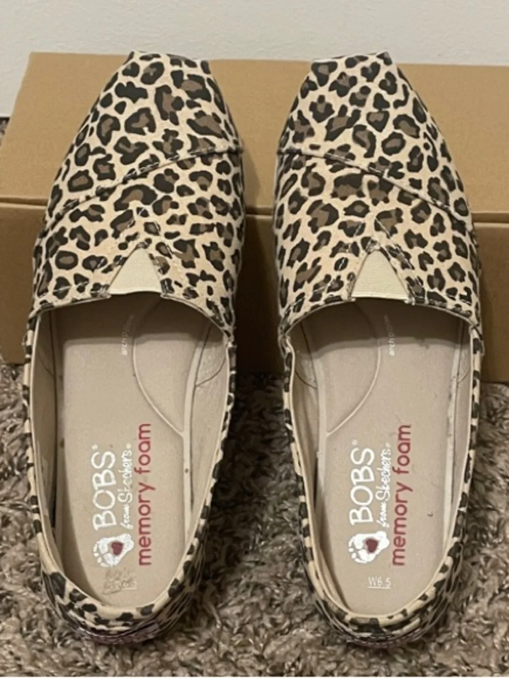Skechers BOBS Leopard Print Slip-On Flats - Tan/Black